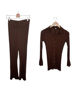 Anthropologie Daily Practice Brown Ribbed Knit Flare 2 piece Set XS/S